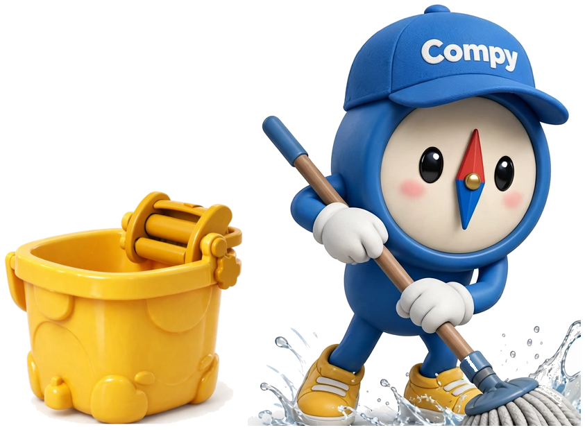 Compy mopping with a yellow bucket